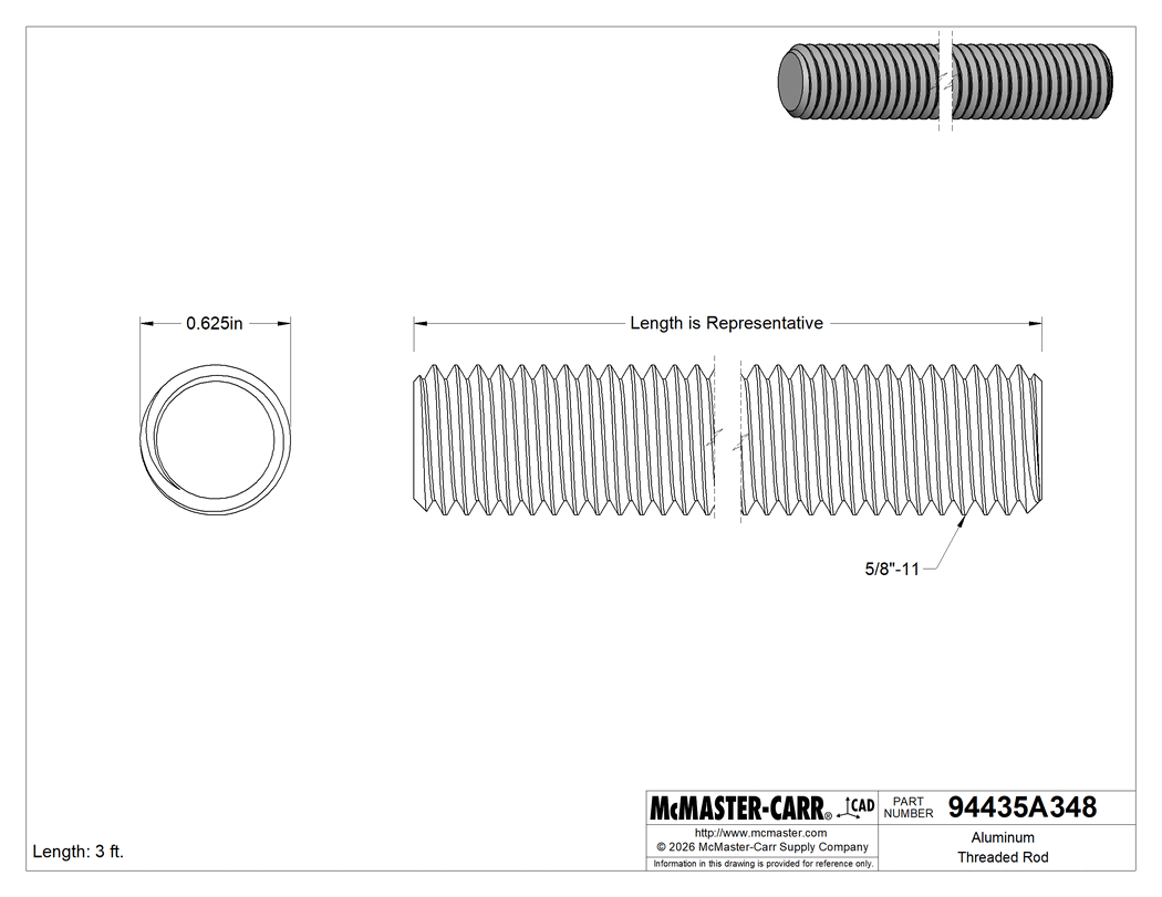 Technical Drawing of Aluminum Threaded Rod, 5/8"-11 Thread Size, 3 Feet Long.